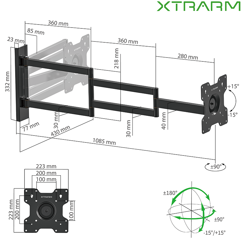 XTRARM Axis XL 108,5 cm Negro - Soporte de TV giratorio e inclinable