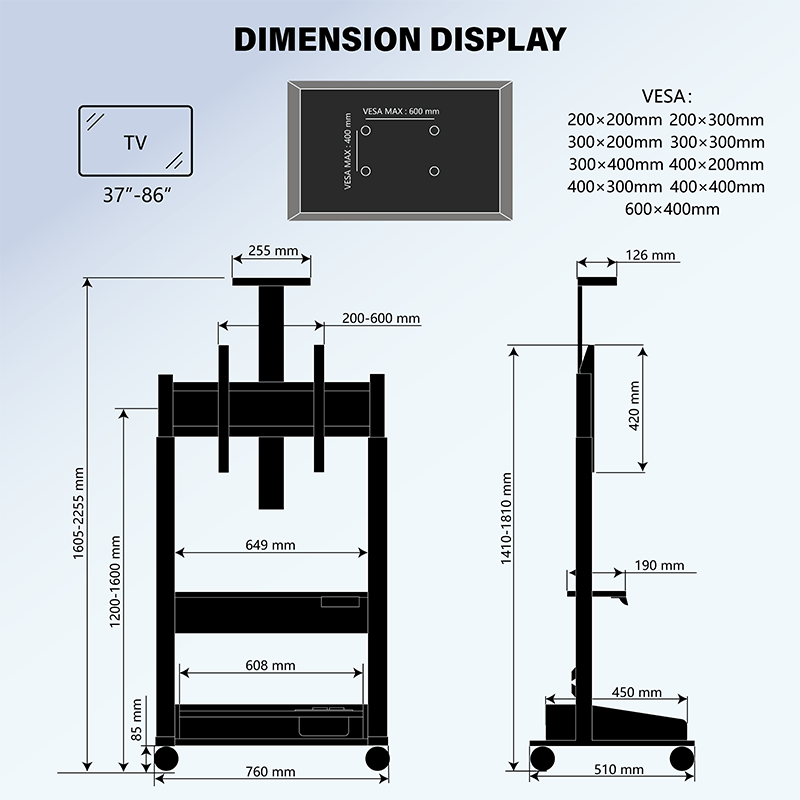 DQ Wall-Support Zelos nogal negro Móvil – Soporte Tv de pie eléctrico