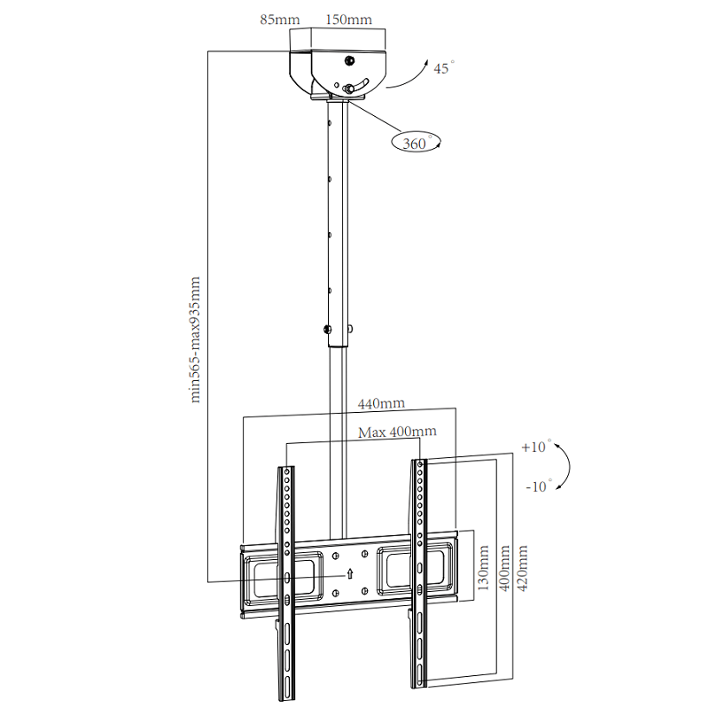XTRARM Avis 56.5 - 93.5 cm - Soporte TV de techo Negro