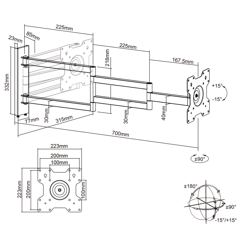 XTRARM Axis XL 70 cm Draai- en Kantelbare TV beugel wit
