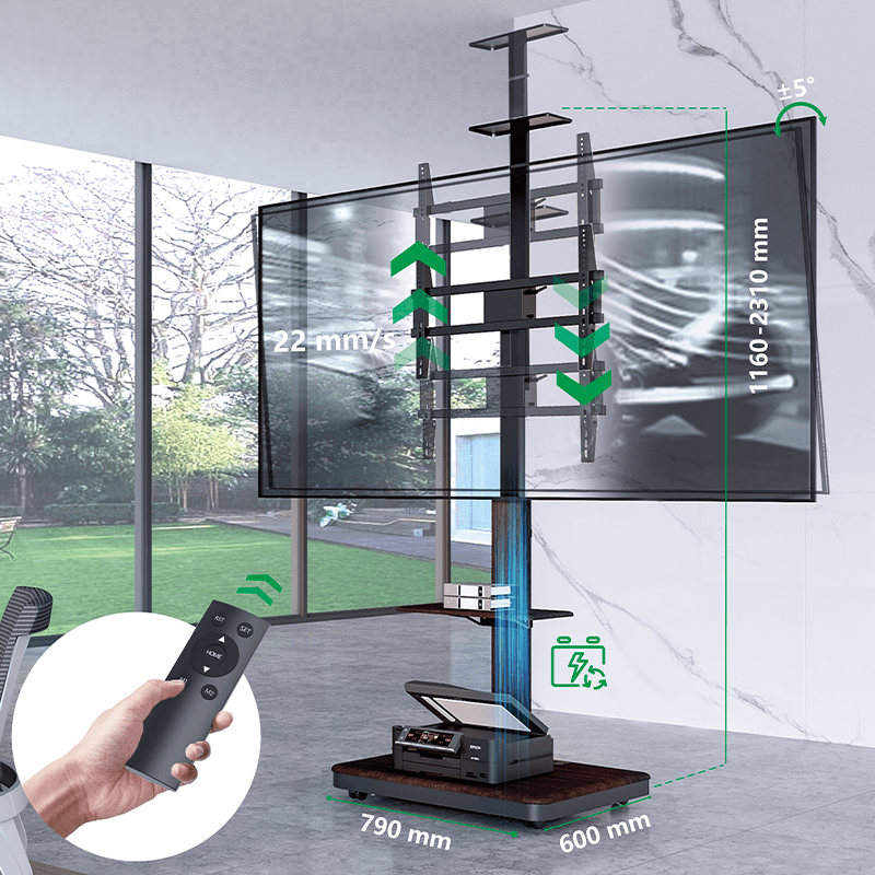 XTRARM Elite zwart/walnoot Mobiel – Elektrisch staand tv-meubel